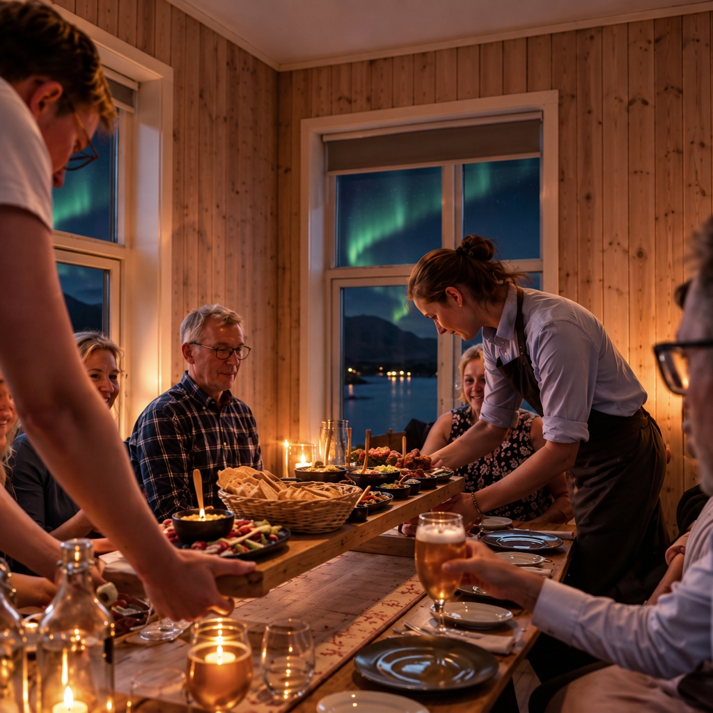 Guests gathered around a candlelit table at Livland while the northern lights glow through the windows